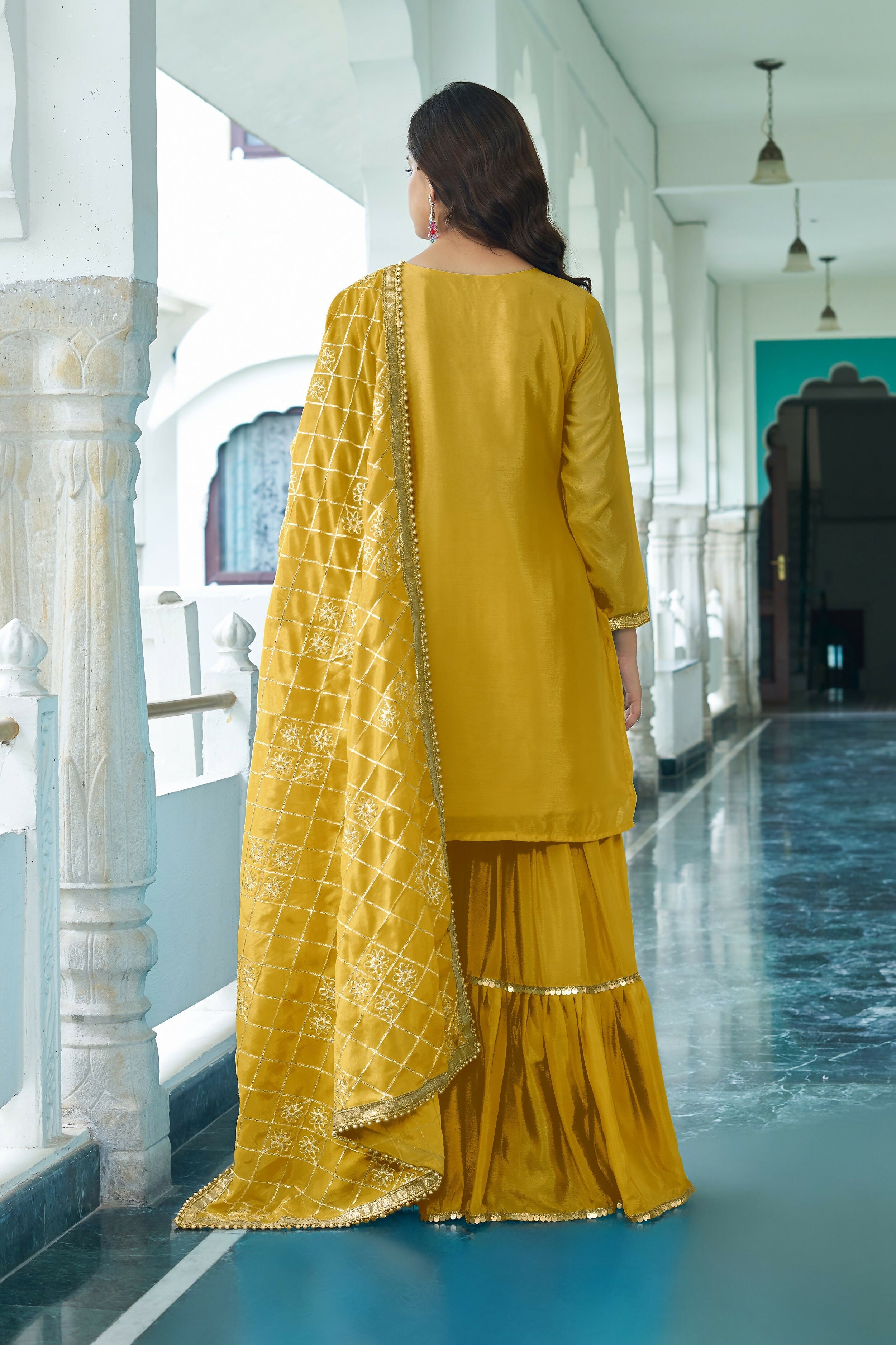 Yellow Chinon Silk Kurta Set with Embroidery and Sequence Work