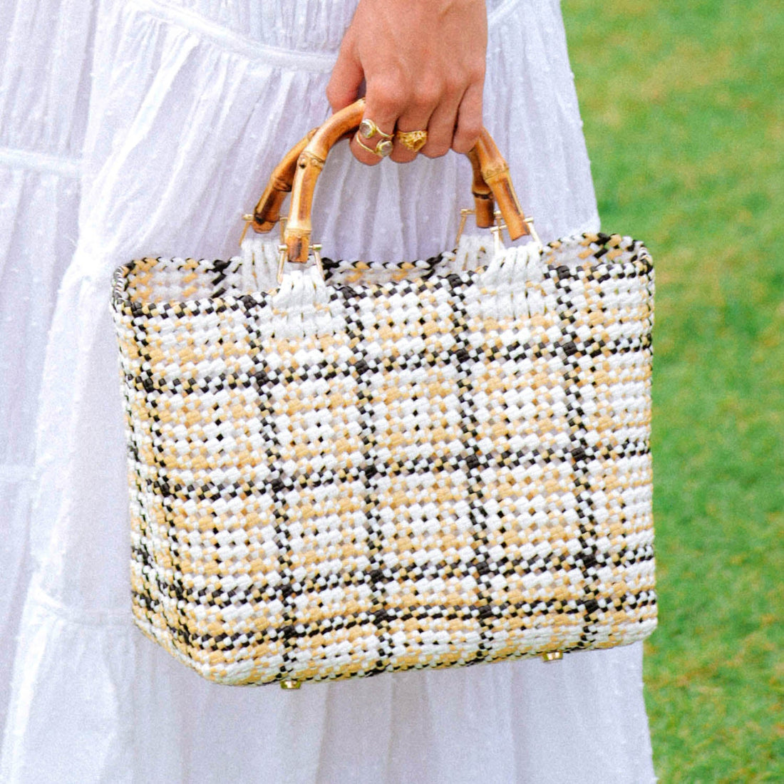 Recycled Plastic Woven Market Tote Bag with Bamboo Handles - Image 2