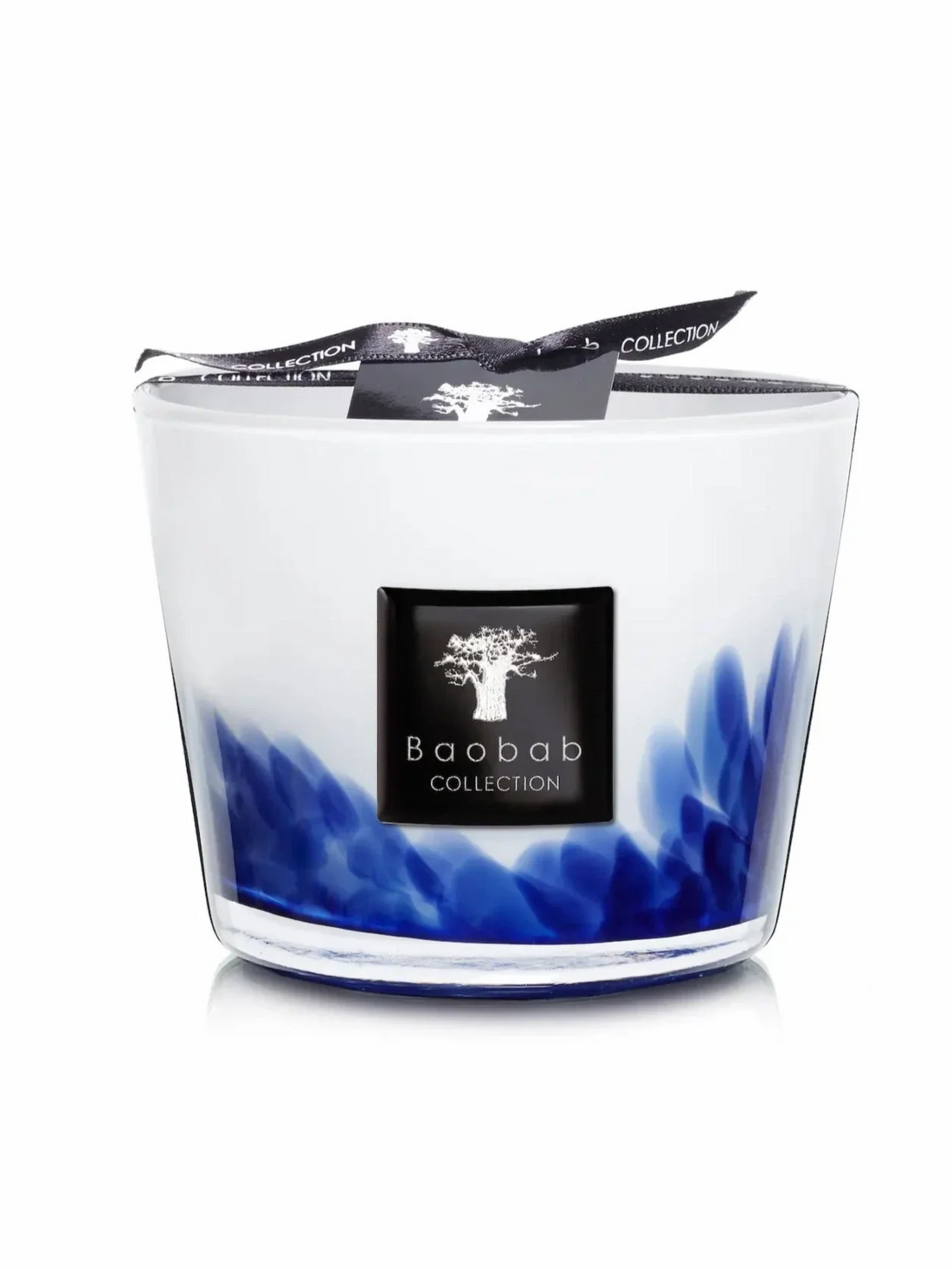 Baobab Collection Feathers Touareg Max 10 candle with blue feather detailing on a hand-blown glass vase.