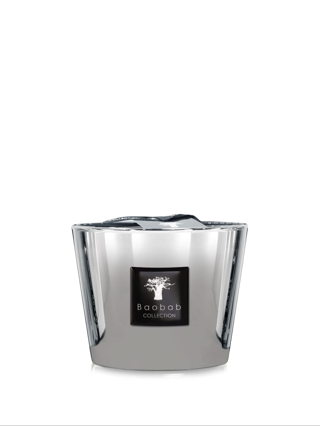Baobab Platinum Max 10 candle featuring a sophisticated silver and black color palette