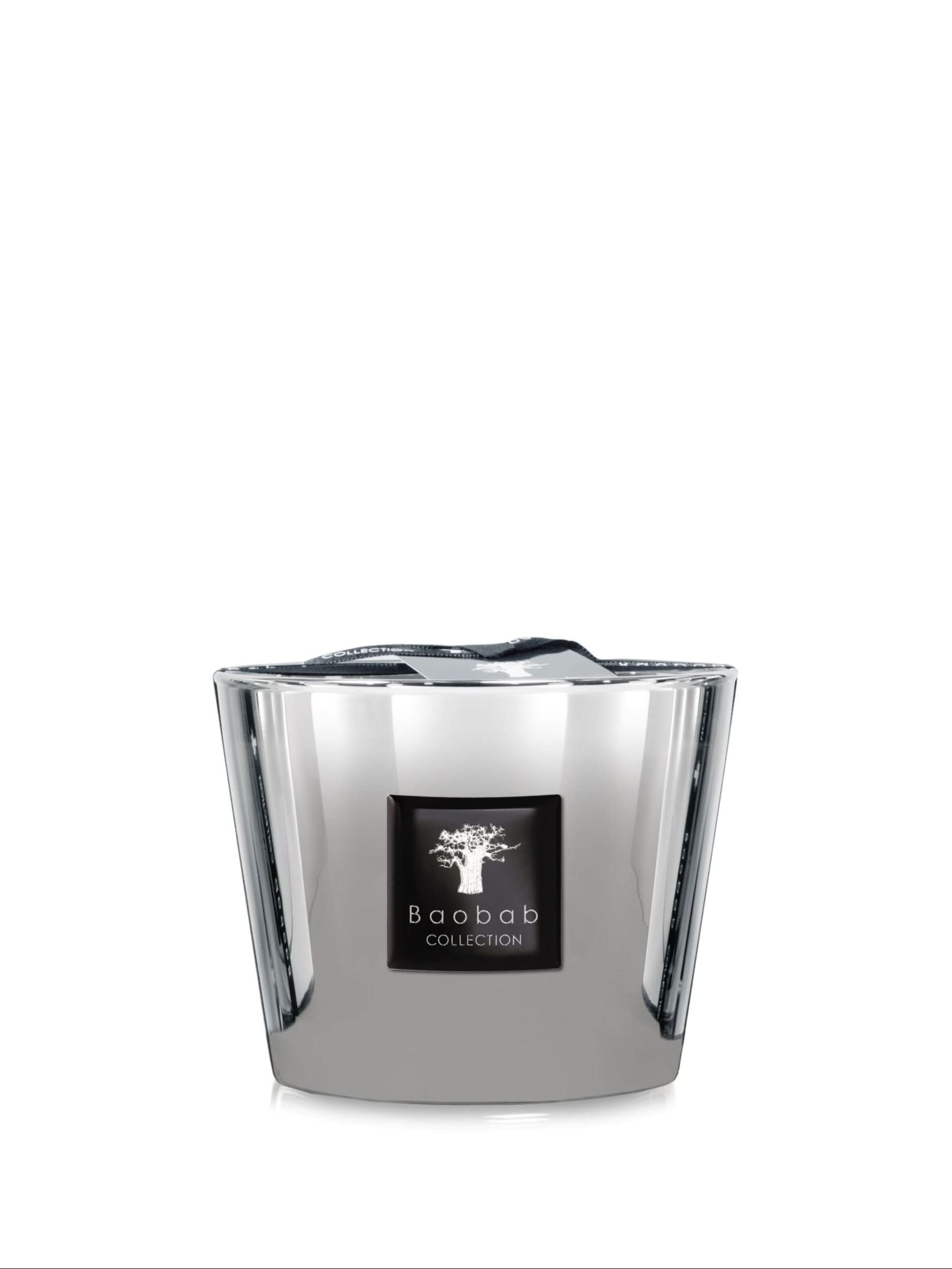 Baobab Platinum Max 10 candle featuring a sophisticated silver and black color palette