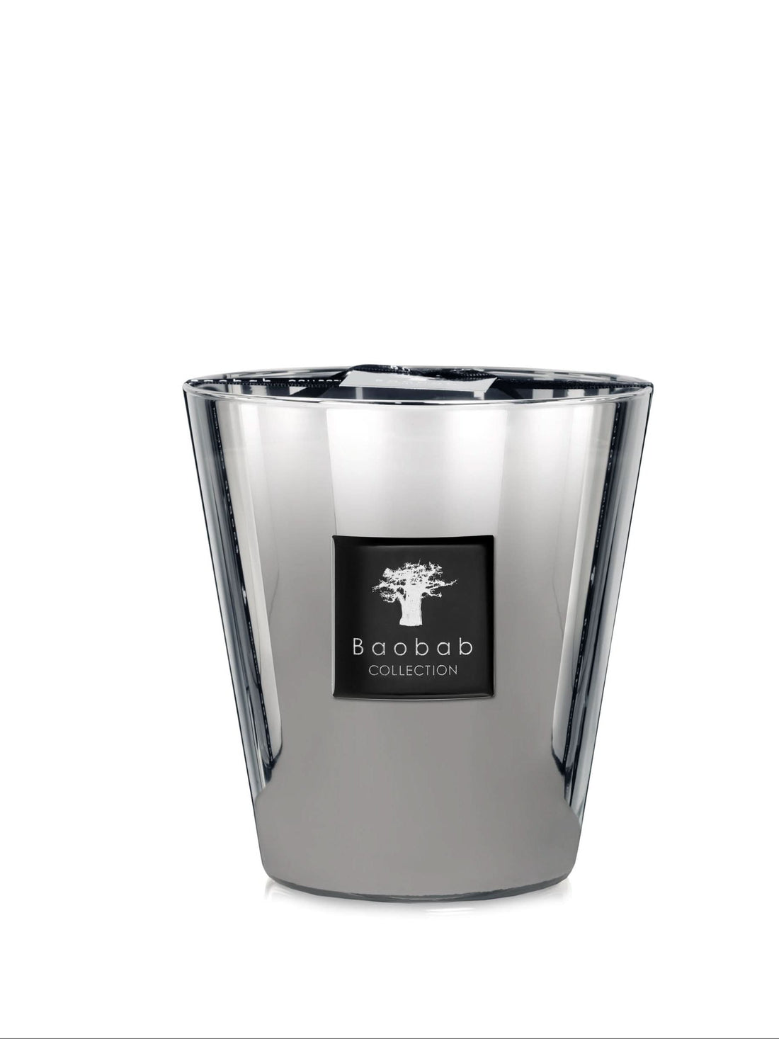 Baobab Platinum Max 16 luxury candle in a silver-white reflective glass vessel