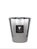 Baobab Platinum Max 16 luxury candle in a silver-white reflective glass vessel