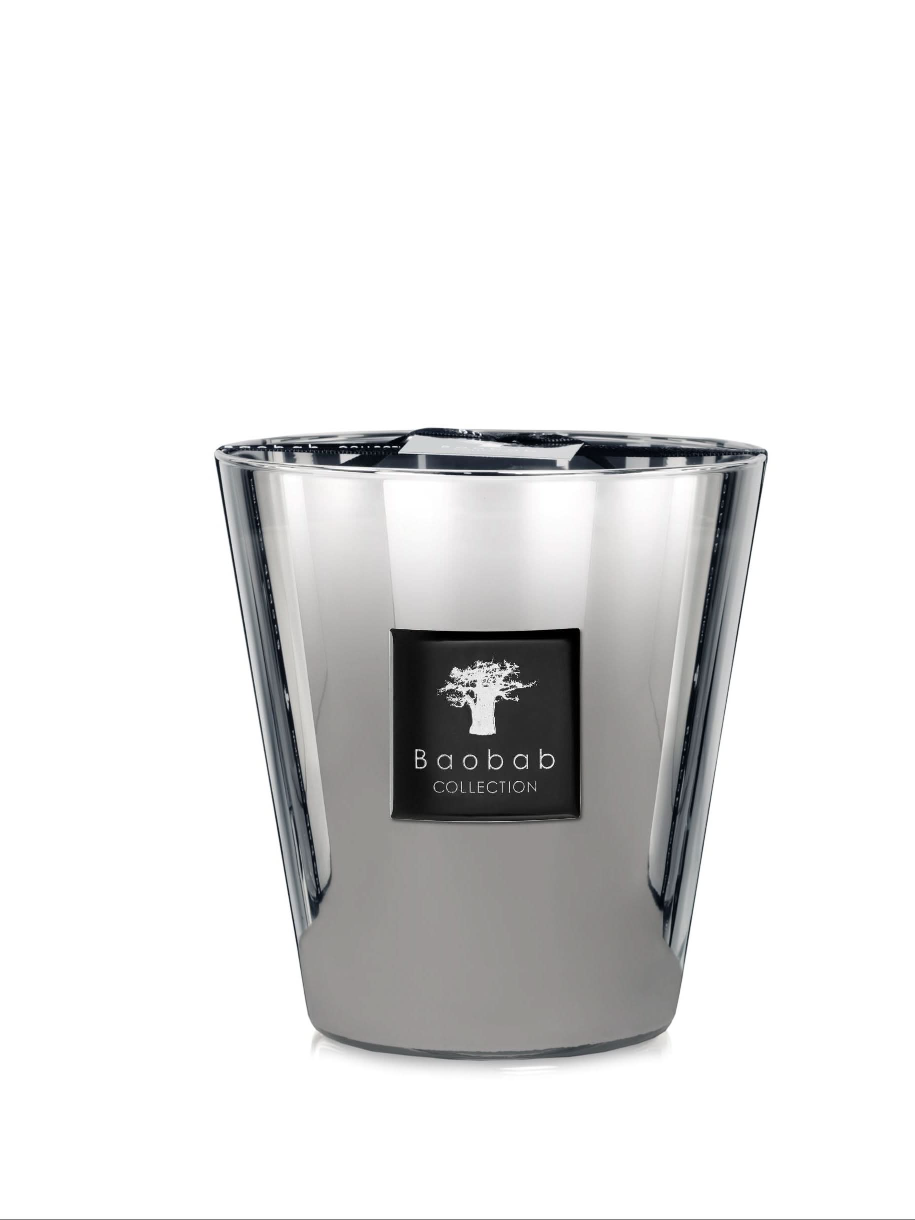 Baobab Platinum Max 16 luxury candle in a silver-white reflective glass vessel