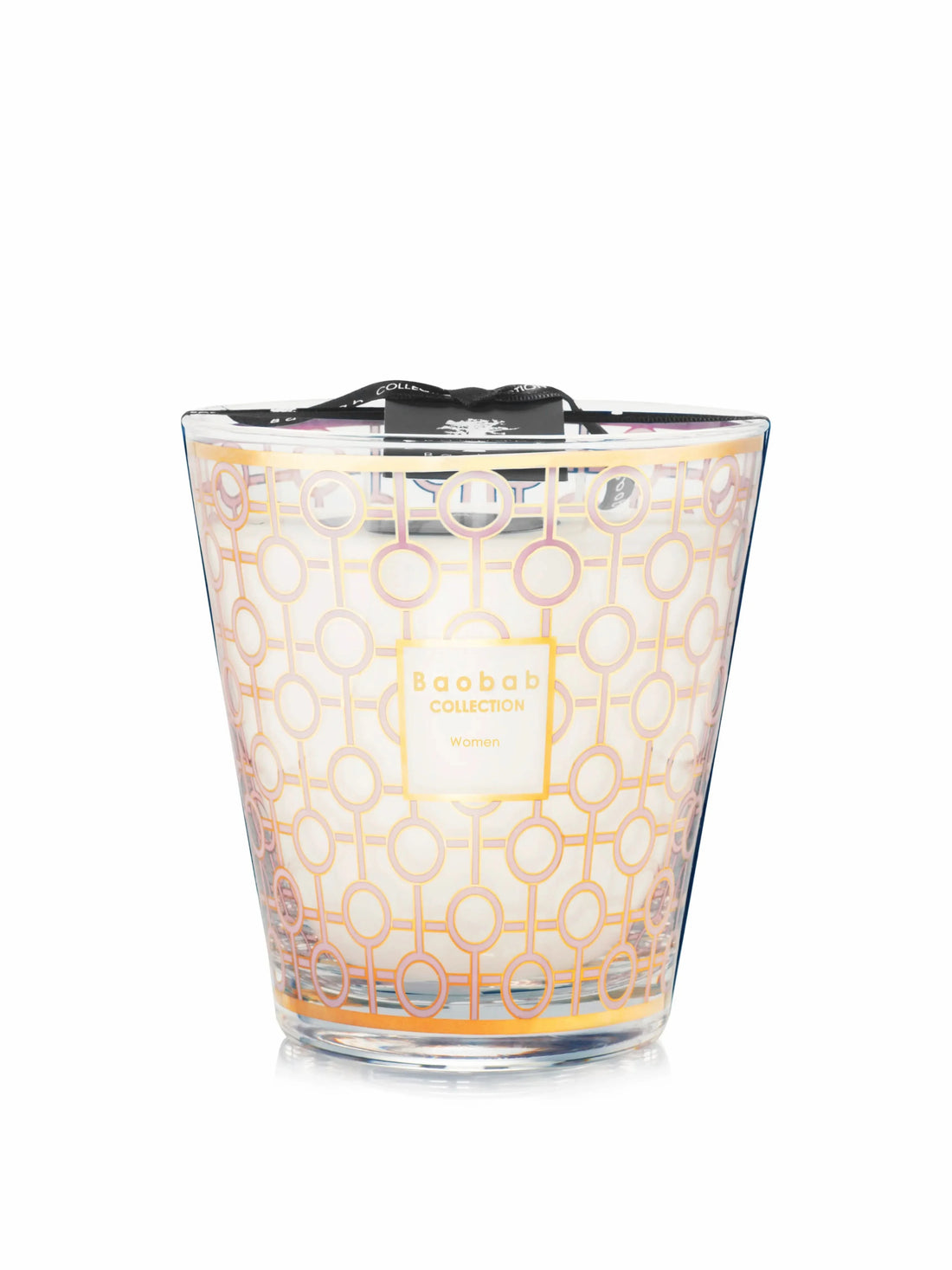 Baobab Collection Women Max 16 candle in a pink, gold, and white geometric glass vessel.