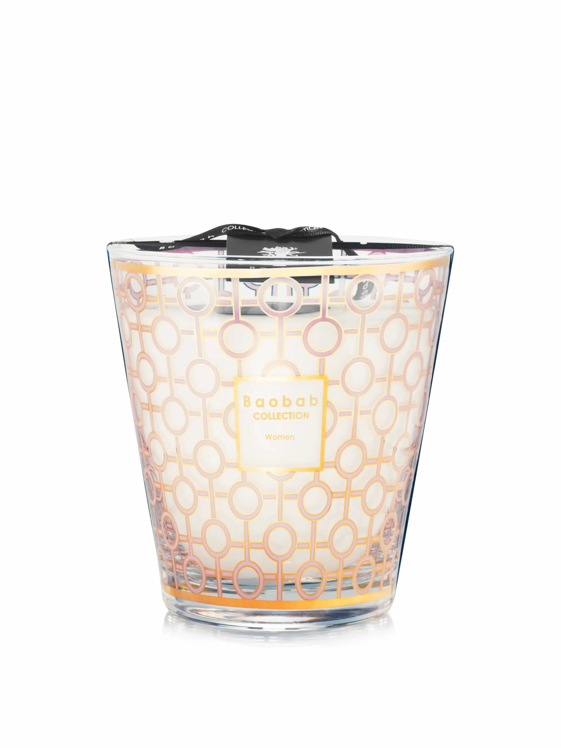 Baobab Collection Women Max 16 candle in a pink, gold, and white geometric glass vessel.