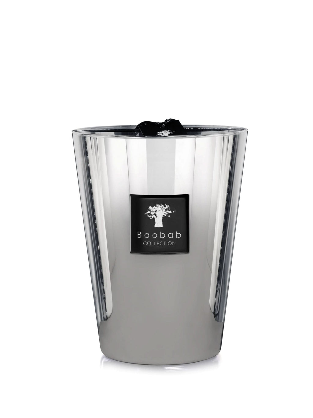 Baobab Platinum Max 24 large luxury candle in silver-white reflective glass