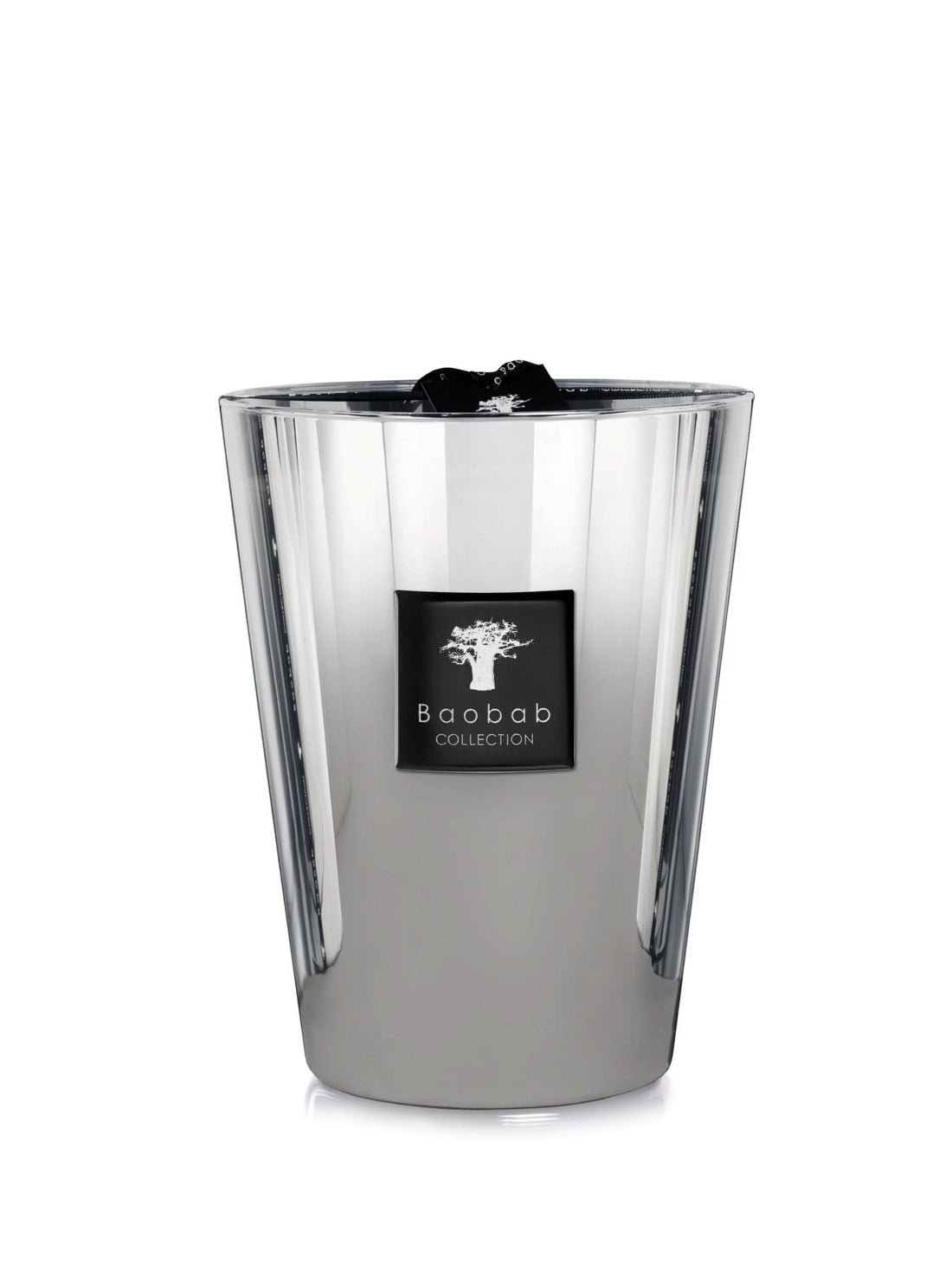 Baobab Platinum Max 24 large luxury candle in silver-white reflective glass