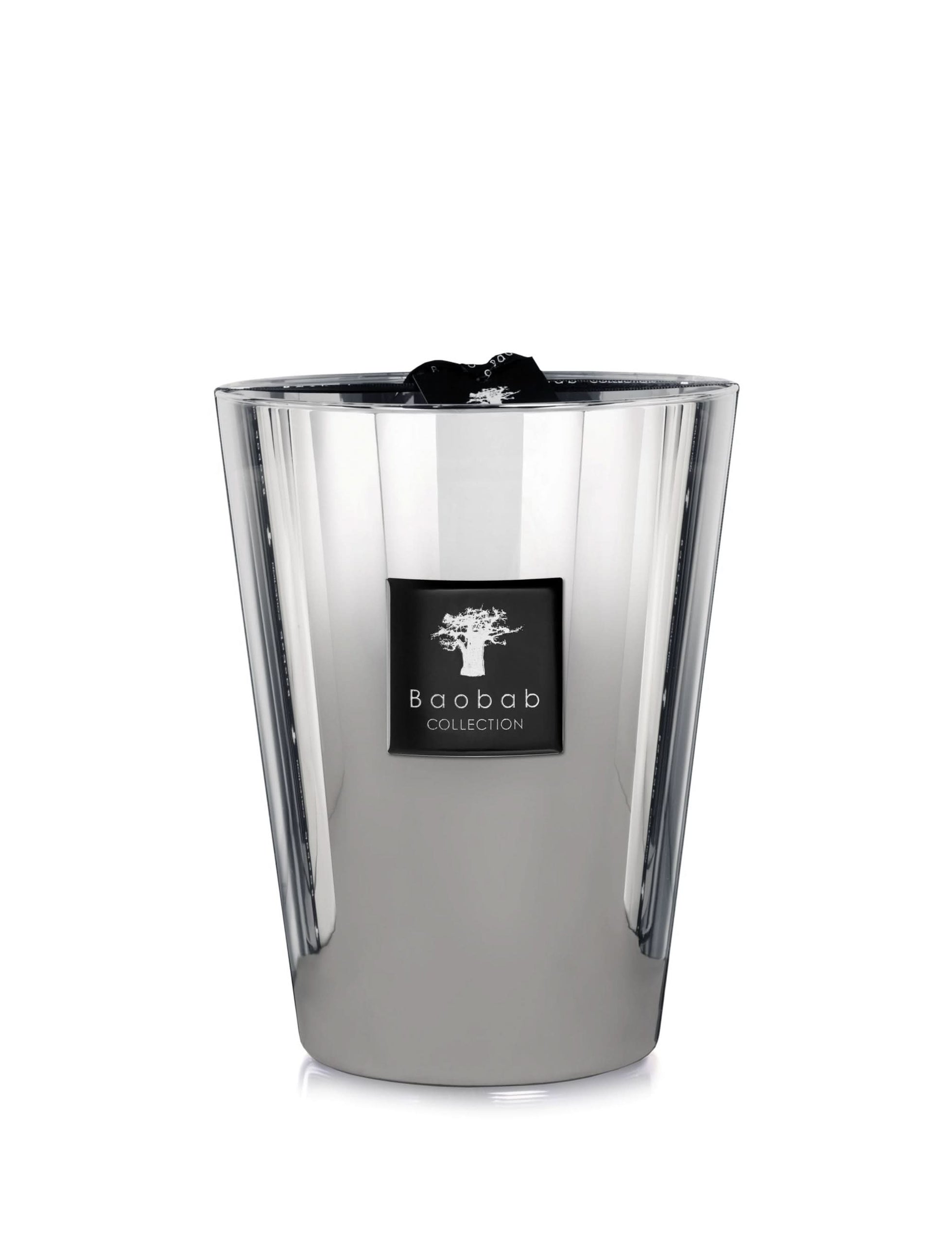 Baobab Platinum Max 24 large luxury candle in silver-white reflective glass