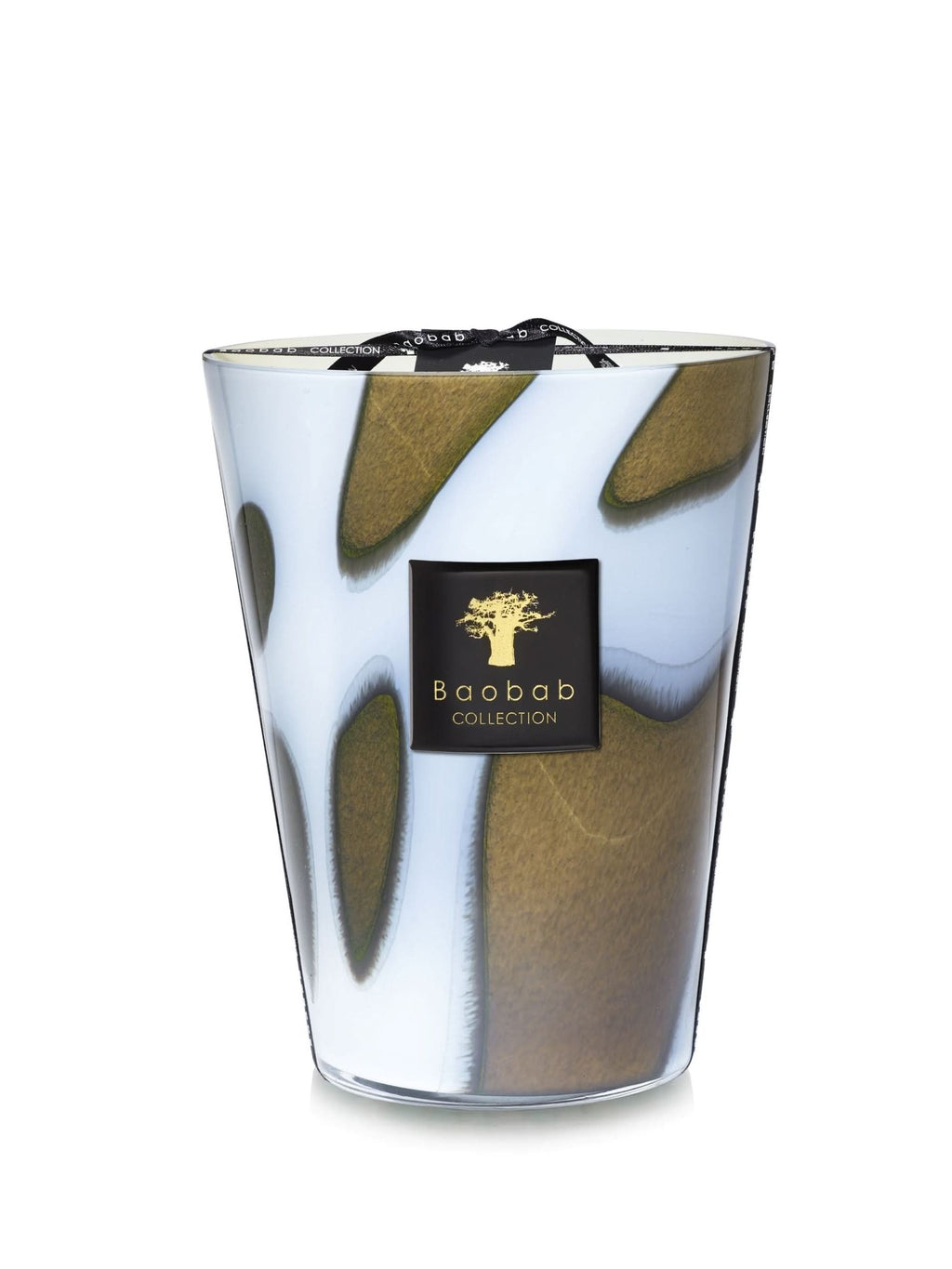 Baobab Collection Stones Agate Max 24 candle in a unique white and green abstract glass vessel.