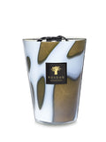 Baobab Collection Stones Agate Max 24 candle in a unique white and green abstract glass vessel.