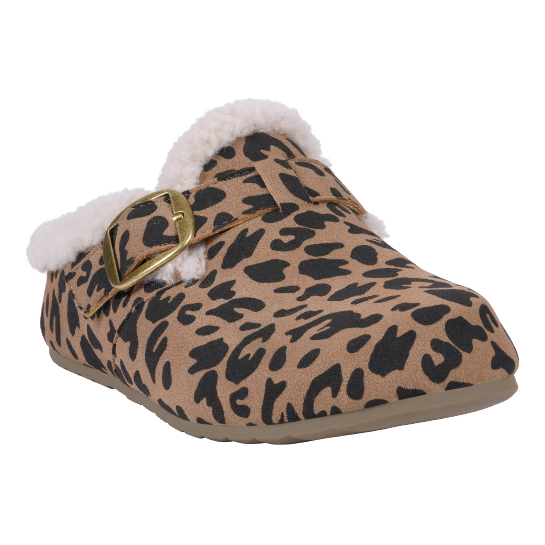 Maylis leopard print mule slipper with faux fur lining and buckle detail