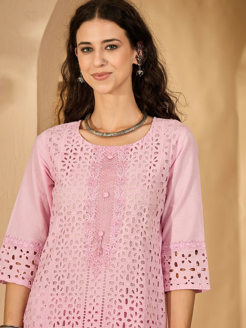 Pink Embroidered Pure Cotton Cord Set with 3/4 Sleeves