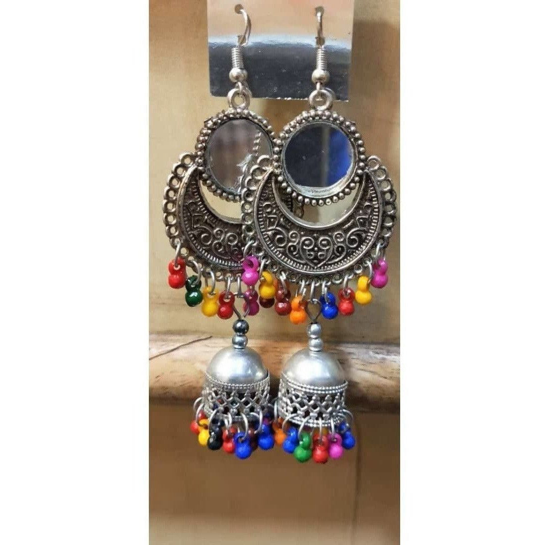 Traditional mirror work Jhumki earrings with alloy drops and danglers