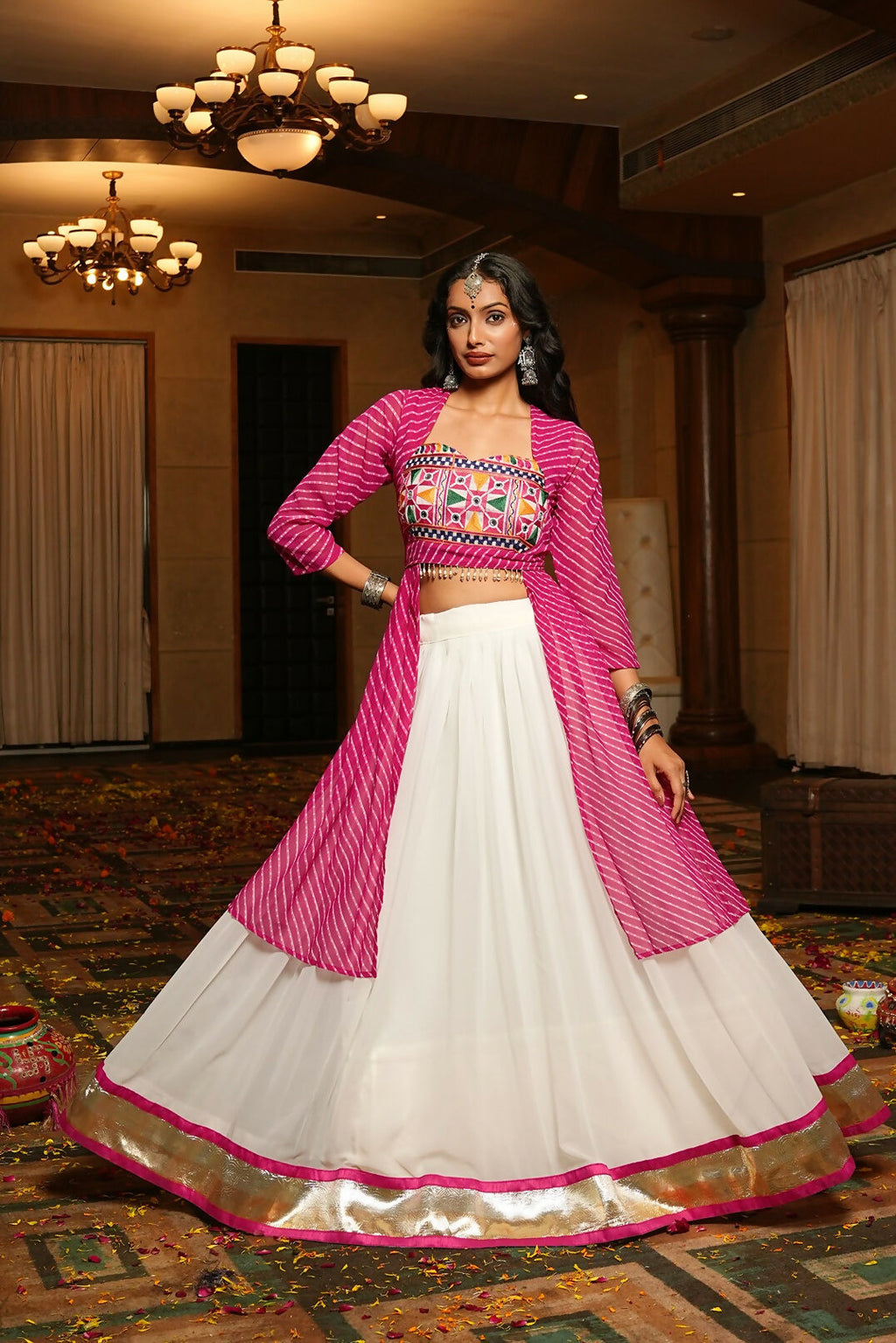 White Georgette Lehenga Choli with Pink Blouse for Navratri