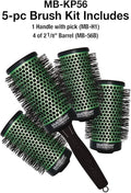 5-piece interchangeable hair brush set with green and black barrels and one handle