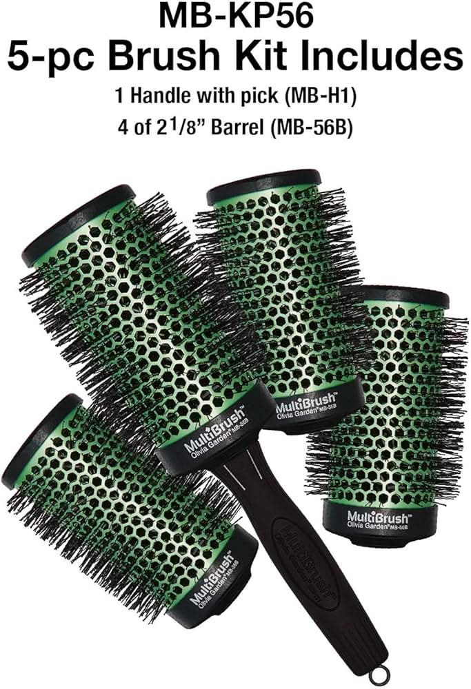 5-piece interchangeable hair brush set with green and black barrels and one handle