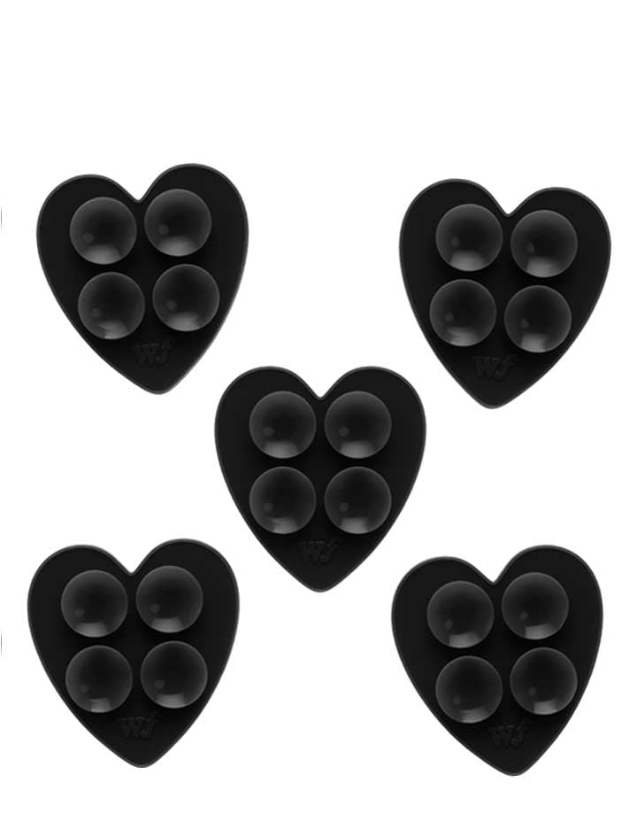 Five black heart-shaped phone suction mounts laid out against a white background.