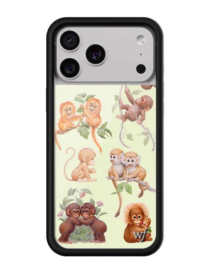 Monkey Biz iPhone case featuring various illustrated monkeys on a light green background