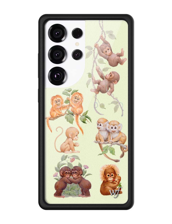 Samsung Galaxy phone case with a light green background and various cute monkey illustrations on it.