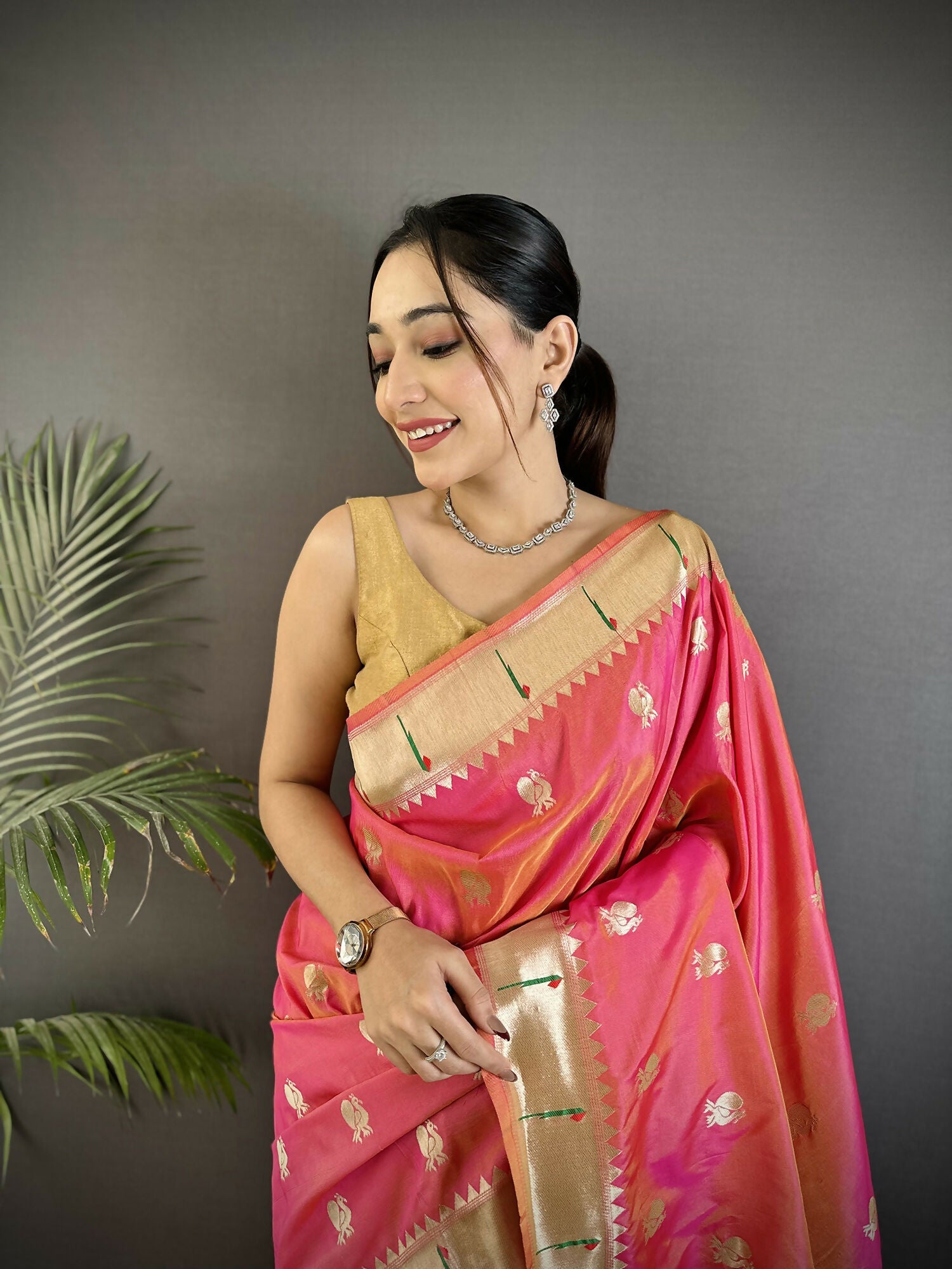 Peach Soft Silk Kanchipuram Saree with Peacock & Floral Motifs