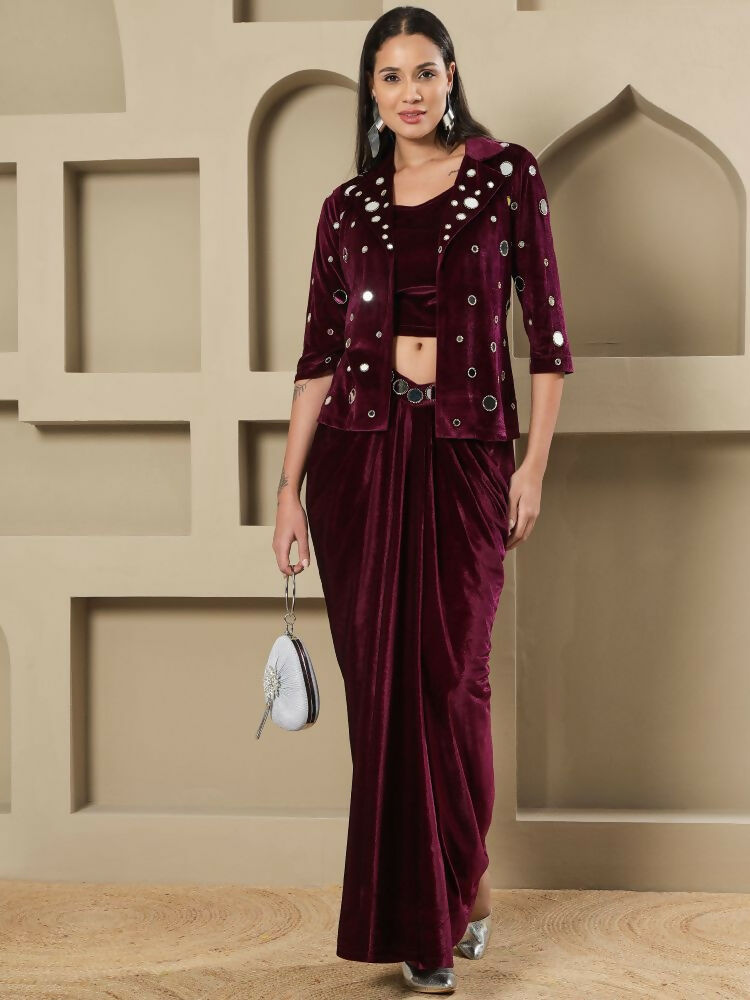 Women's Wine Velvet Hand Embellished Stitched Evening Dress