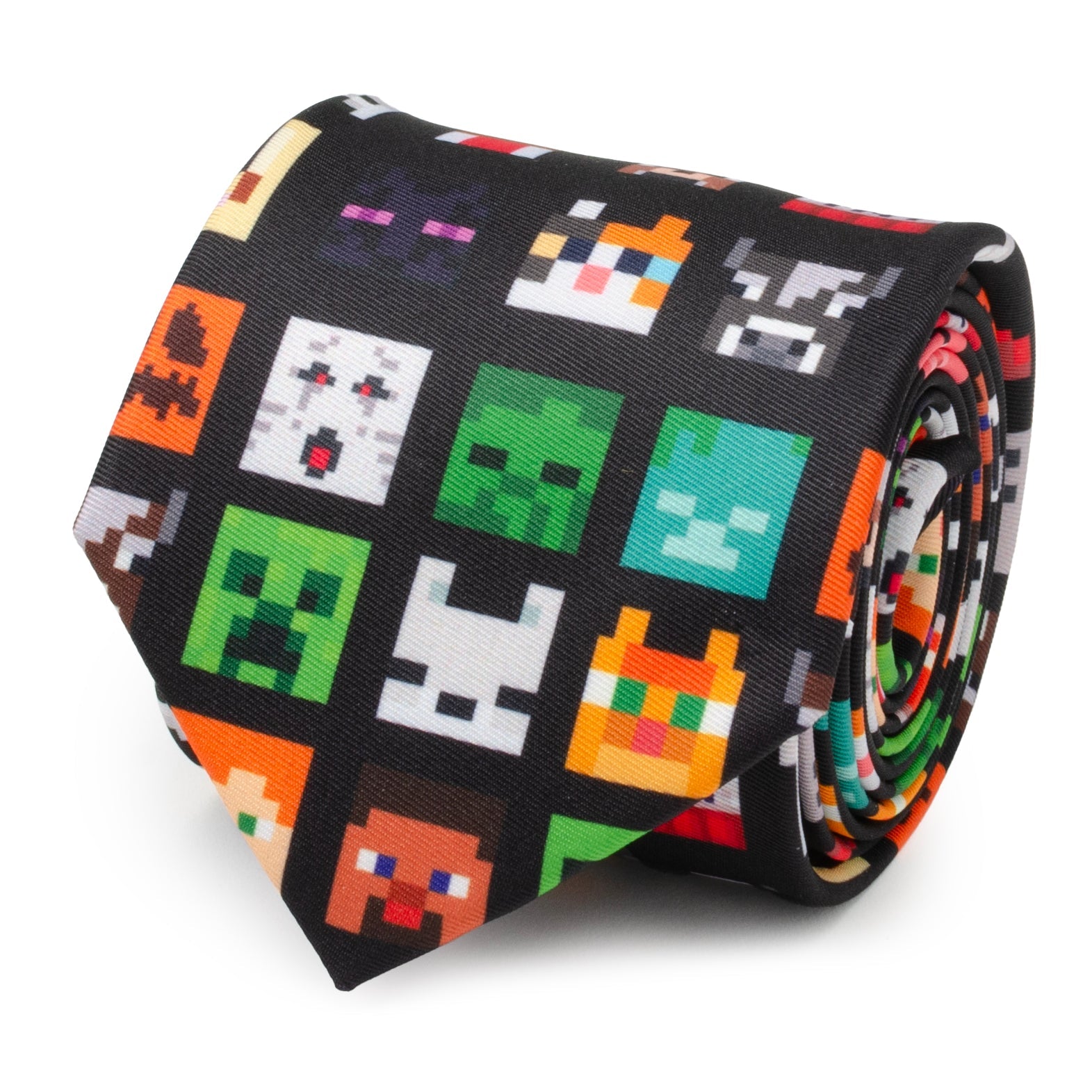 A close up view of a black necktie featuring a repeating pattern of various pixelated Minecraft characters and items.
