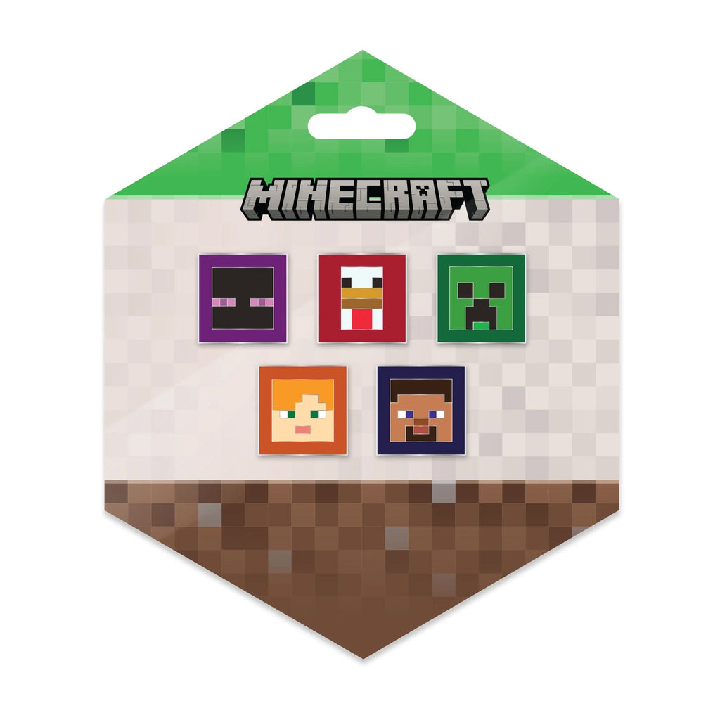 A set of 5 square Minecraft enamel pins featuring character faces including Creeper, Chicken, Enderman, Steve, and Alex on a display card.