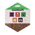 A set of 5 square Minecraft enamel pins featuring character faces including Creeper, Chicken, Enderman, Steve, and Alex on a display card.