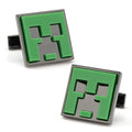 Close up pair of Minecraft Creeper themed square cufflinks in gunmetal and green.