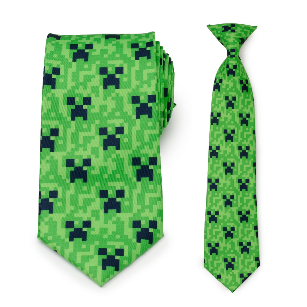 Father and son matching neckties featuring a green Minecraft Creeper pattern