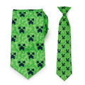 Father and son matching neckties featuring a green Minecraft Creeper pattern