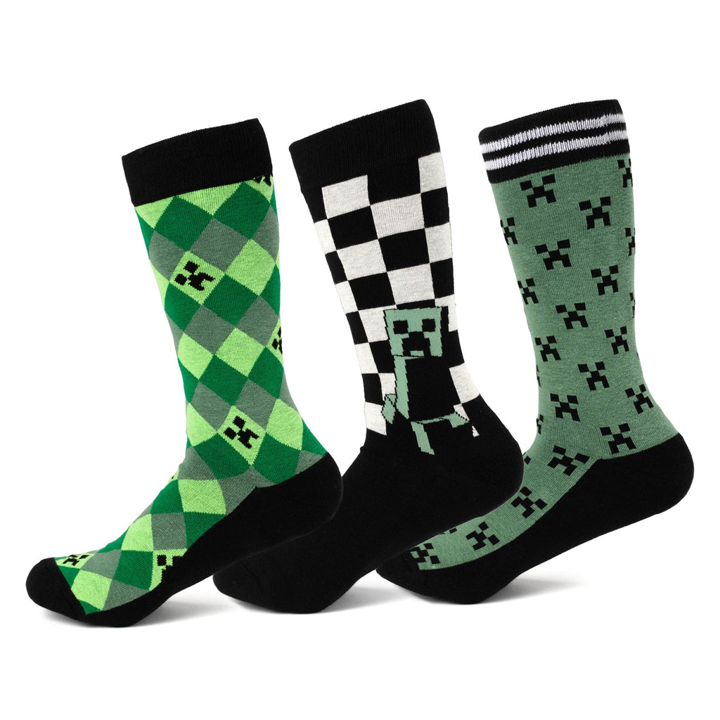 Three pairs of Minecraft themed crew socks, including a green argyle, a black and white checkered, and a light green Creeper pattern.