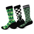 Three pairs of Minecraft themed crew socks, including a green argyle, a black and white checkered, and a light green Creeper pattern.