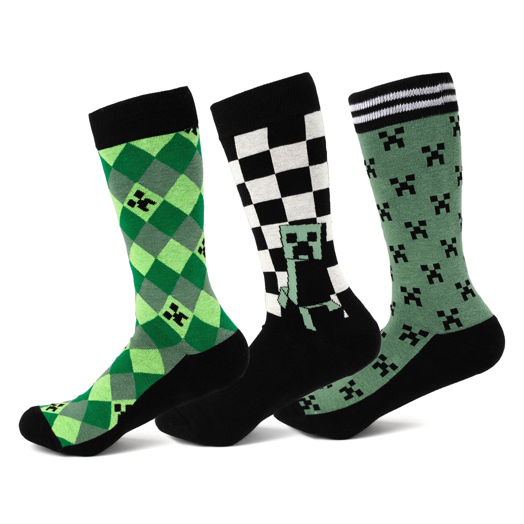 Three pairs of Minecraft themed crew socks, including a green argyle, a black and white checkered, and a light green Creeper pattern.