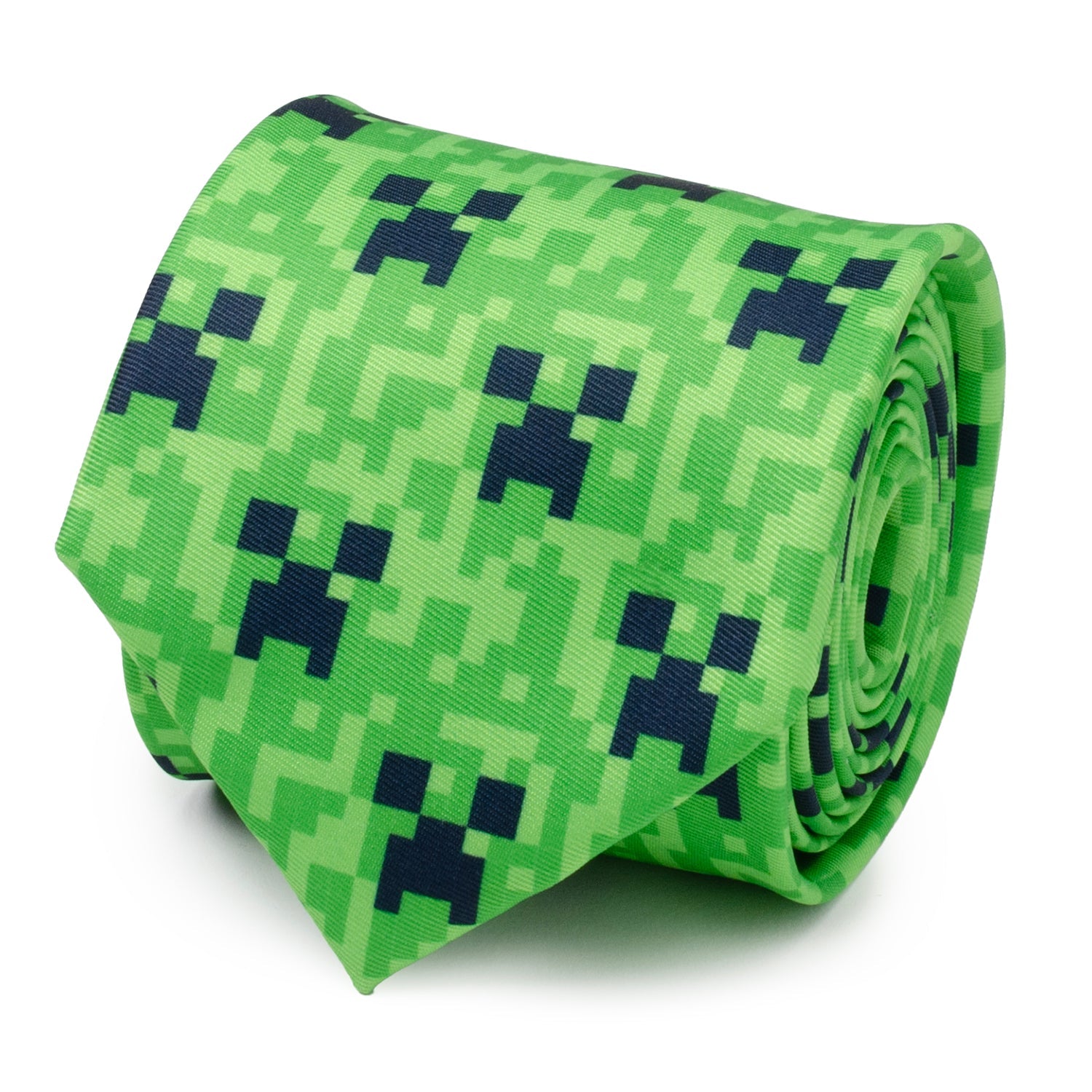 A green men's necktie featuring an all-over dark pixelated Minecraft Creeper face pattern.