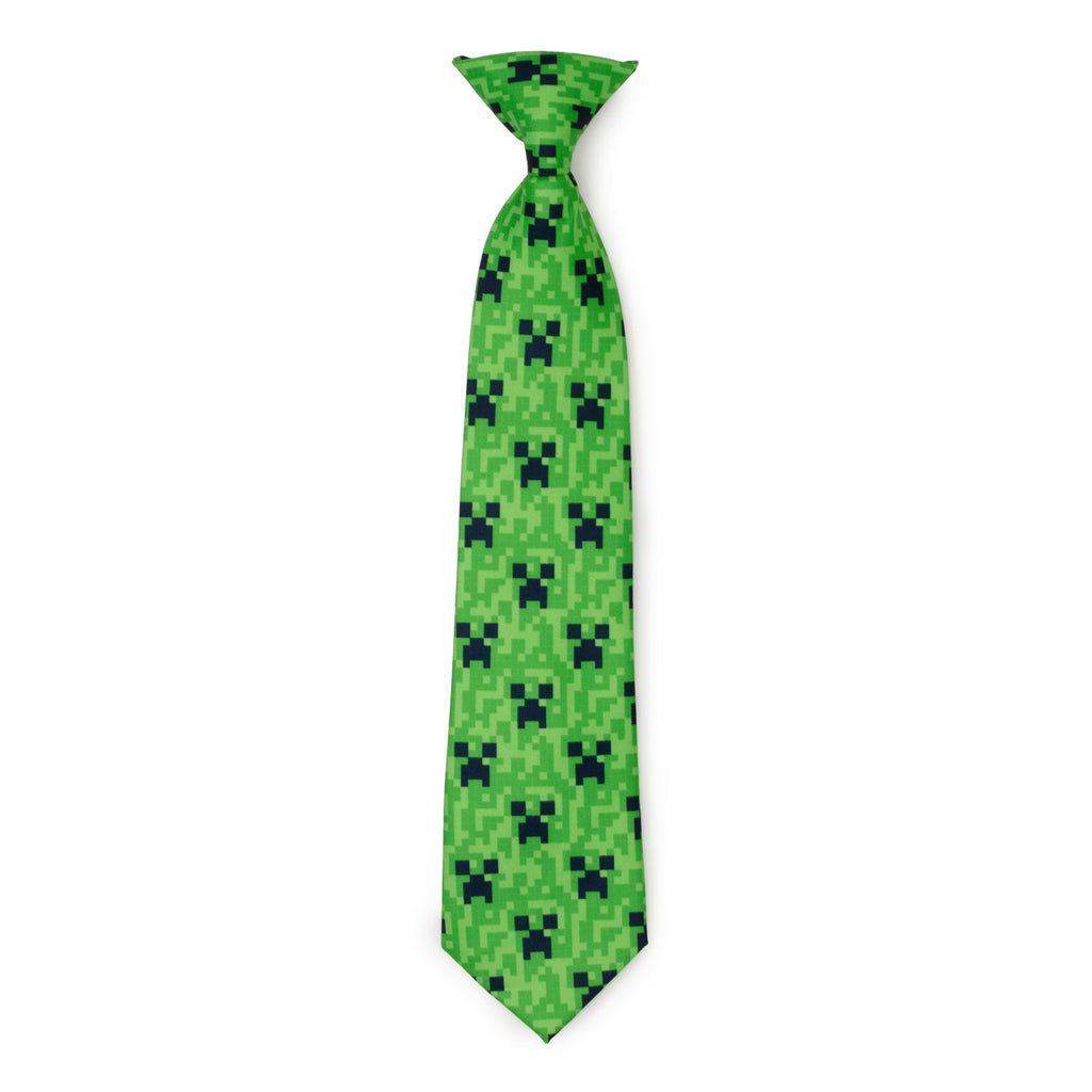 A green necktie featuring a repeating dark pixelated Minecraft Creeper face pattern on a pixelated light green background.
