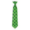 A green necktie featuring a repeating dark pixelated Minecraft Creeper face pattern on a pixelated light green background.