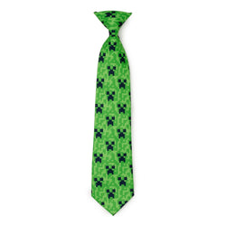 A green necktie featuring a repeating dark pixelated Minecraft Creeper face pattern on a pixelated light green background.