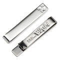 Silver tone Minecraft Creeper tie bar showing both the front face engraving and the hidden SSSS... message on the back.
