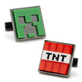 Gunmetal Minecraft Creeper and TNT block design cufflinks on white background and worn on a shirt cuff.
