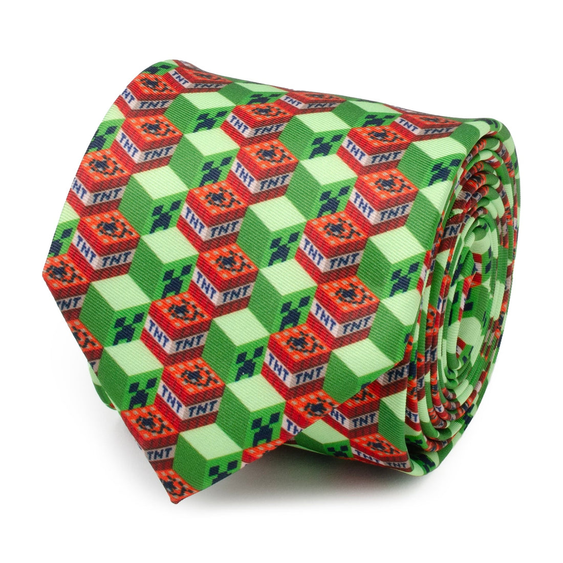 A close up and a flat lay of a green Minecraft necktie featuring an isometric pattern of TNT blocks and Creeper faces.