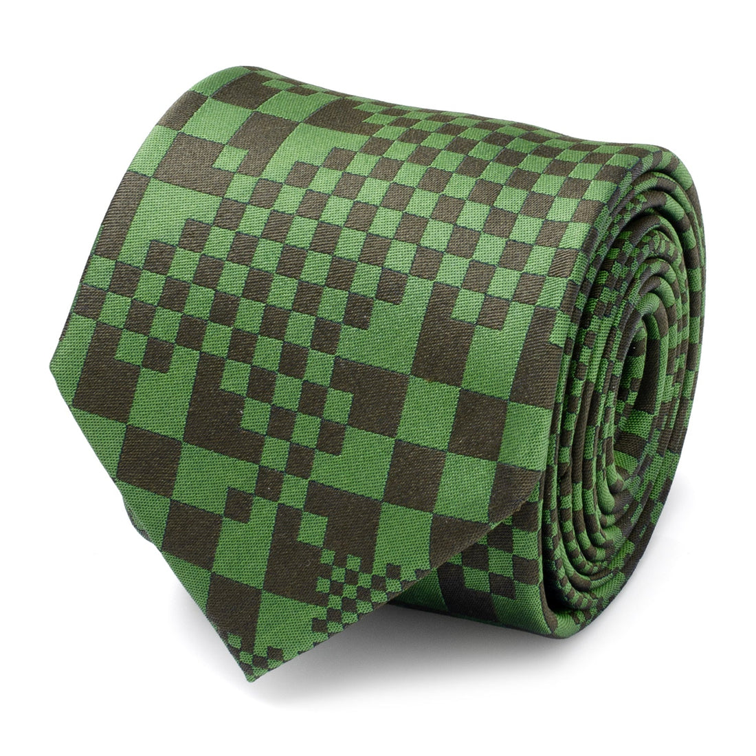 A green Minecraft-themed necktie with a pixelated Creeper face pattern shown on a white background and styled on a suit.