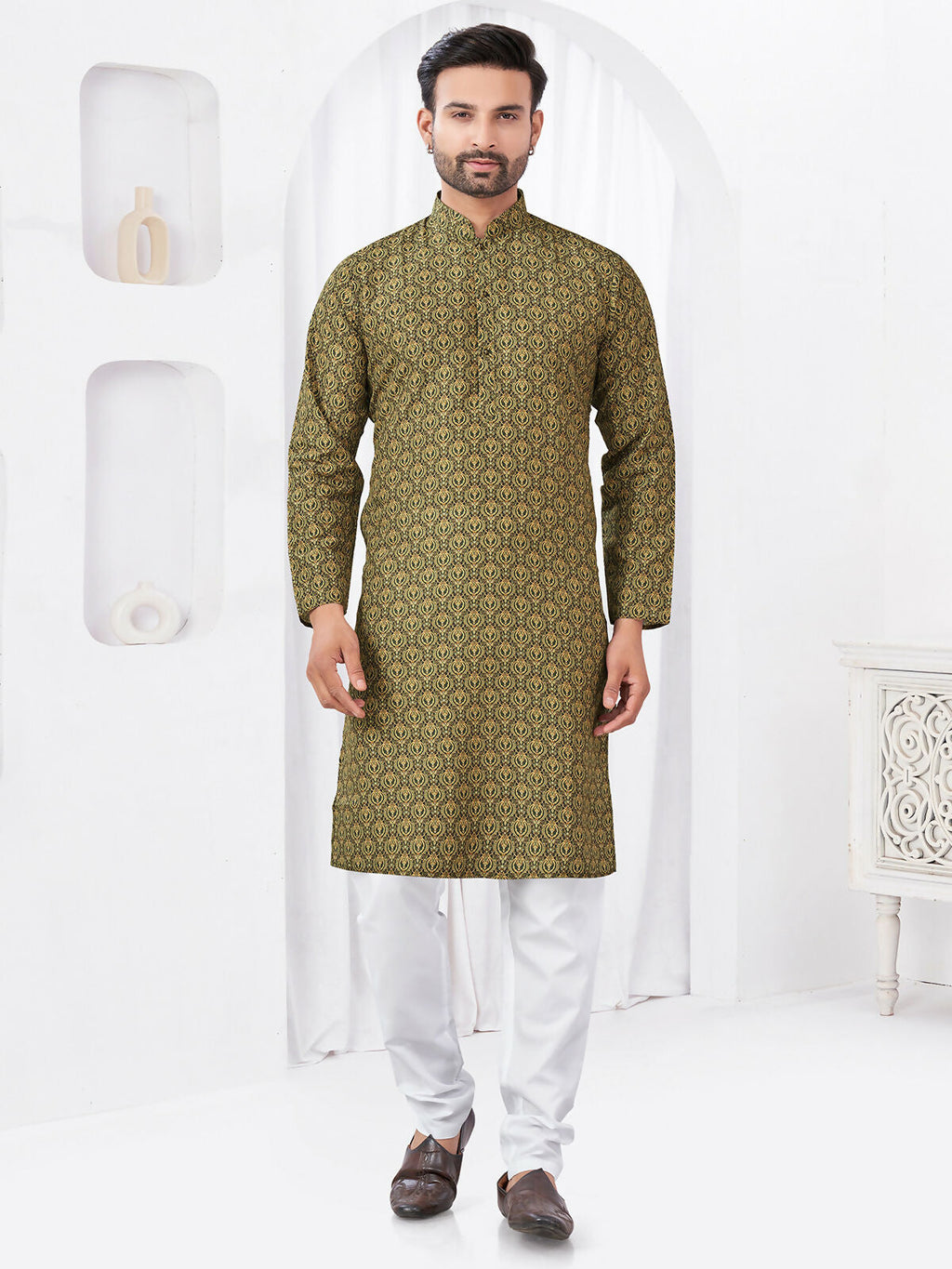 Boys olive printed straight kurta paired with matching pyjama set