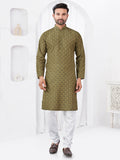 Boys olive printed straight kurta paired with matching pyjama set