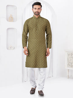 Boys olive printed straight kurta paired with matching pyjama set