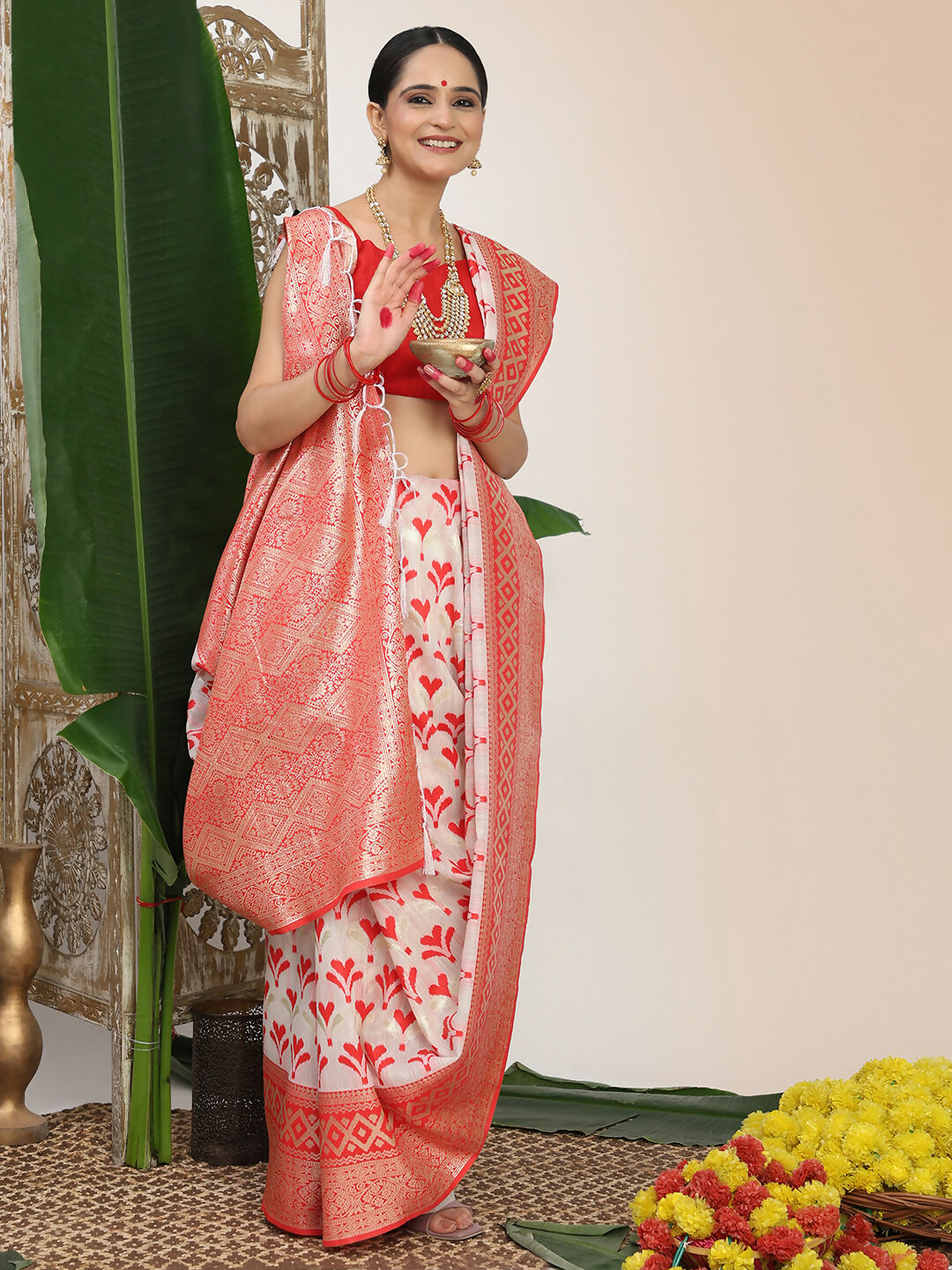 Red and White Linen Cotton Saree with Matching Blouse