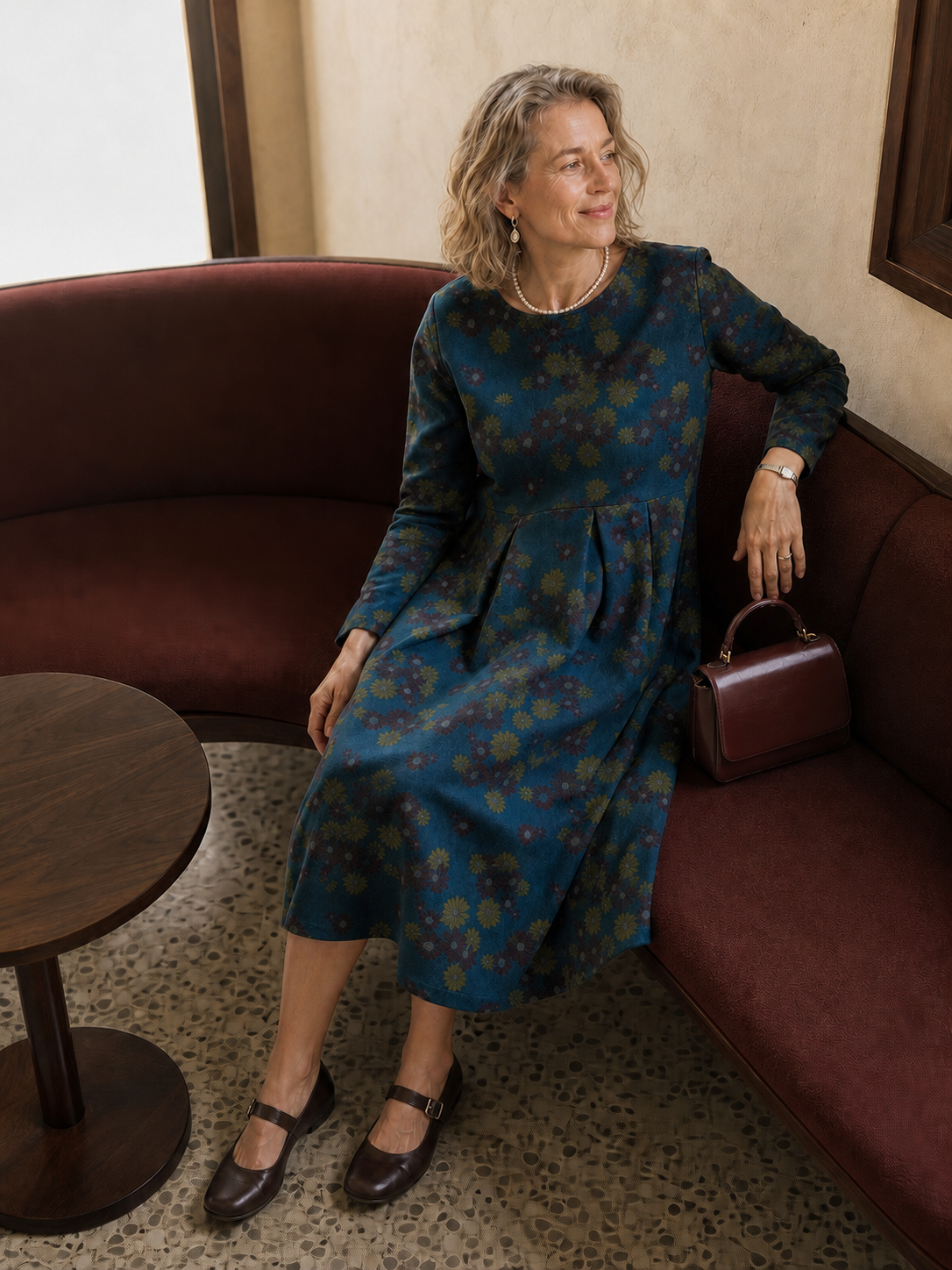 100% Organic Cotton Ruched Print Boat Neck Midi Dress CRESSIDA