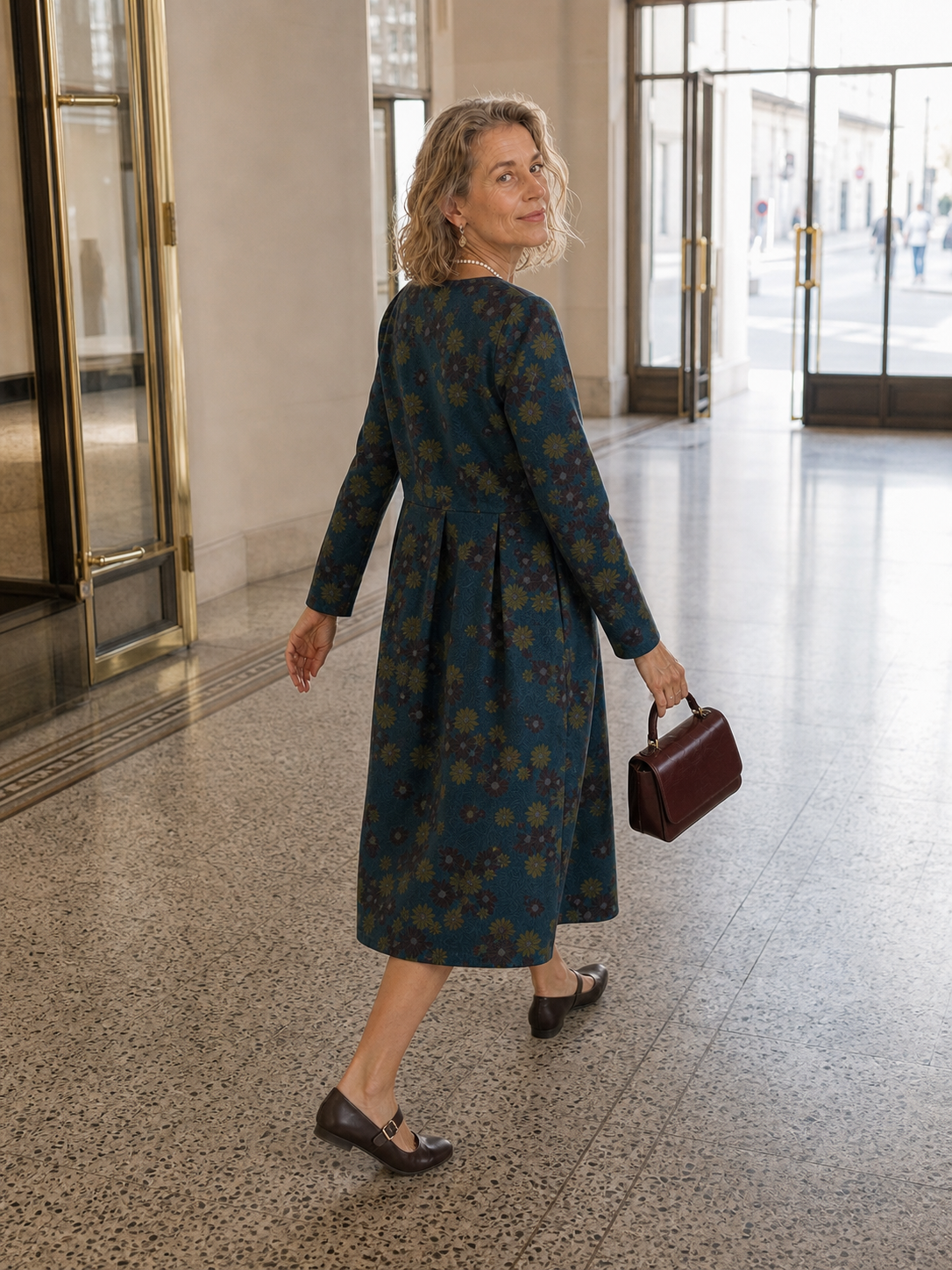 100% Organic Cotton Ruched Print Boat Neck Midi Dress CRESSIDA