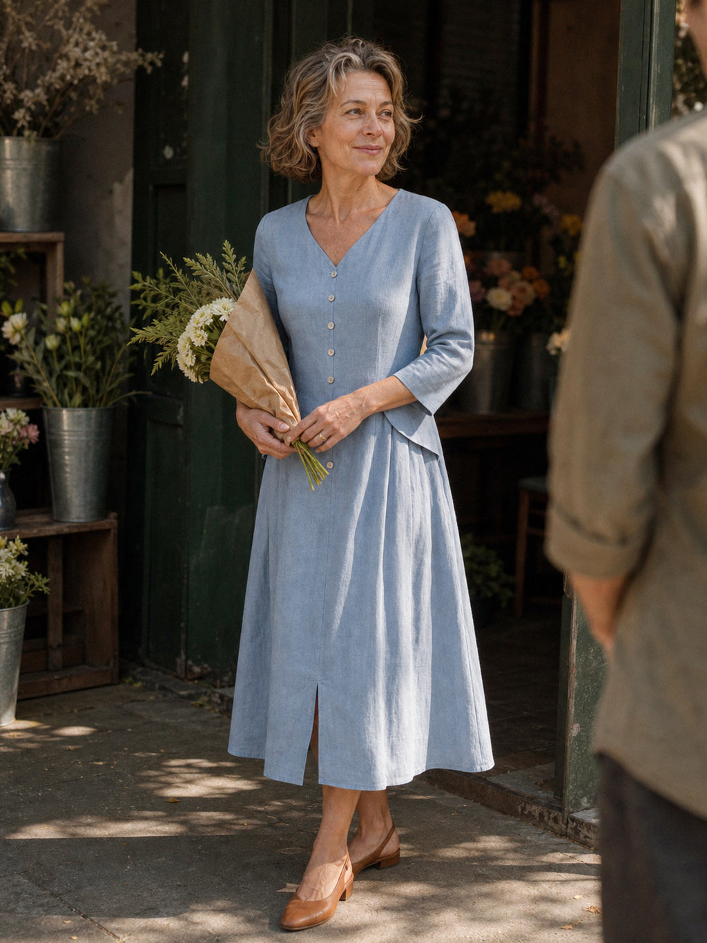 100% Linen Shell Button A Line Midi Dress ELIORA
